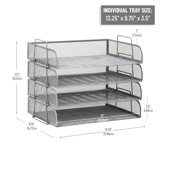 Mind Reader Stackable Paper Tray, Desktop Organizer, File Storage, Office, Metal Mesh, 4 Pcs., Silver
